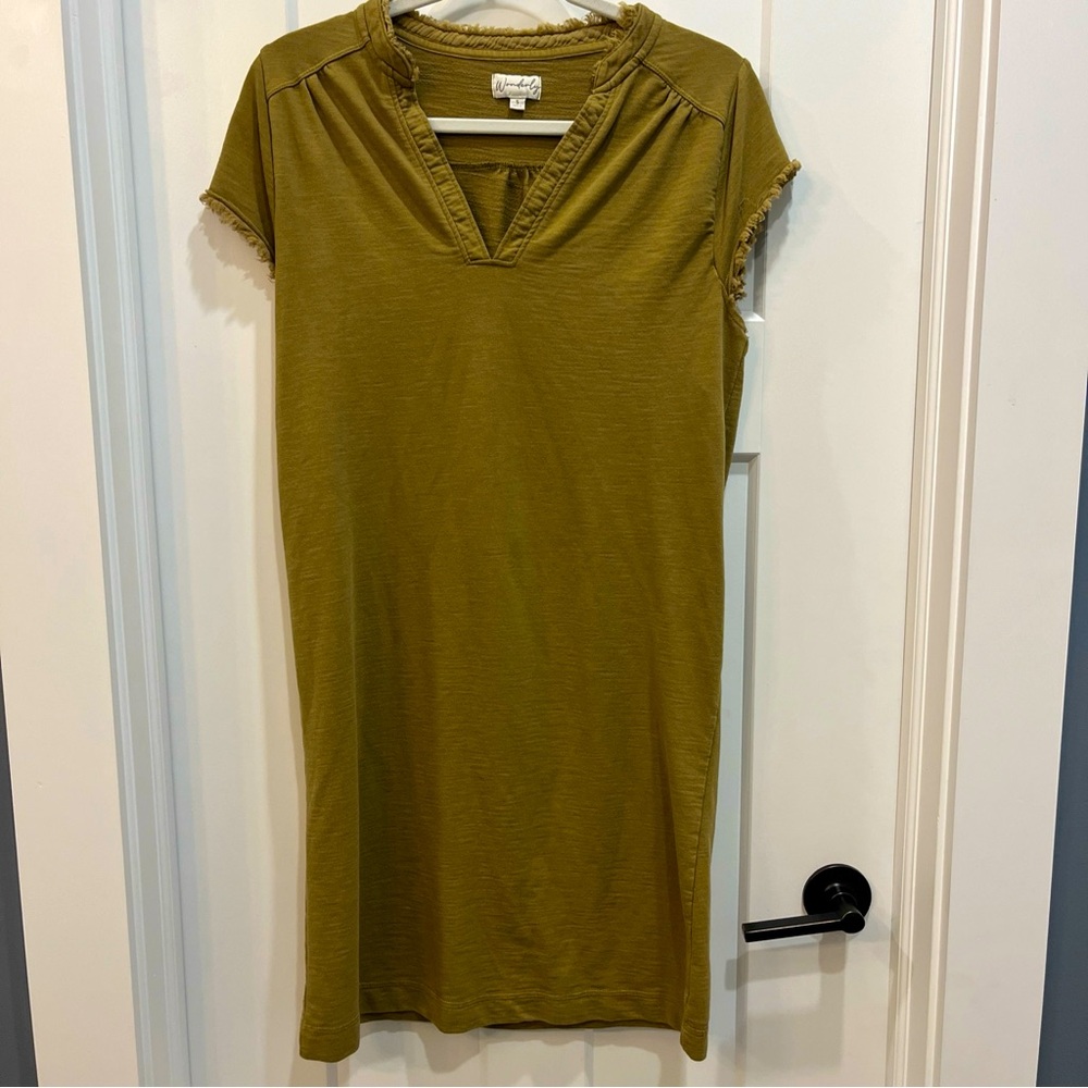 Wonderly Women’s Dress‎ Size Small Swing Shift Knit Olive Green Fringe Sleeves